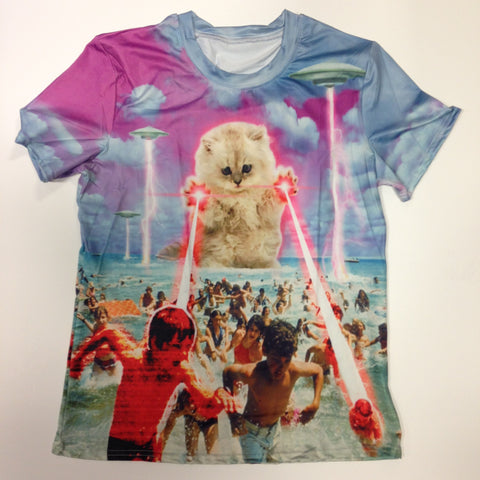 Cat Laser Attacking Beach - 88% Polyester / 12% Spandex Blend T-Shirt