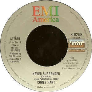 Corey Hart- Never Surrender / Water From The Moon- VG+ 7" Single 45RPM- 1985 EMI America USA- Rock/Pop