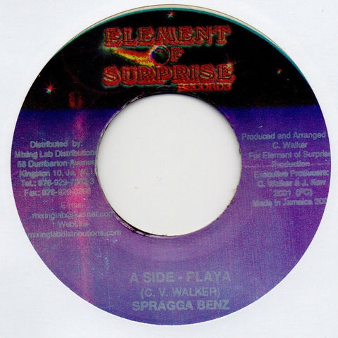 Spragga Benz ‎– Playa - VG+ 7" Single 45 rpm 2001 Element of Surprise Jamaica - Reggae
