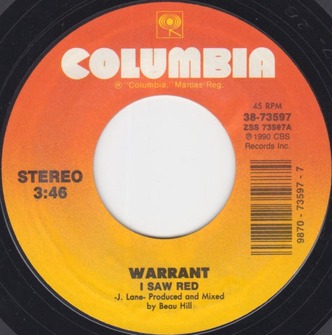 Warrant ‎– I Saw Red - Mint- 45rpm 1990 USA - Rock / Hard Rock