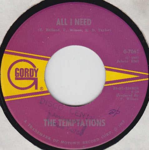 The Temptations ‎– All I Need / Sorry Is A Sorry Word - VG+ 45rpm 1967 USA - Rhythm & Blues