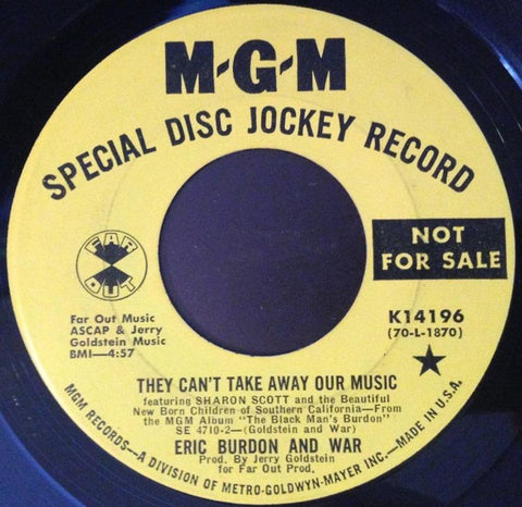 Eric Burdon And War ‎– They Can't Take Away Our Music / Home Cookin' VG+ 7" PROMO Single 45rpm 1970 MGM USA - Funk / Soul