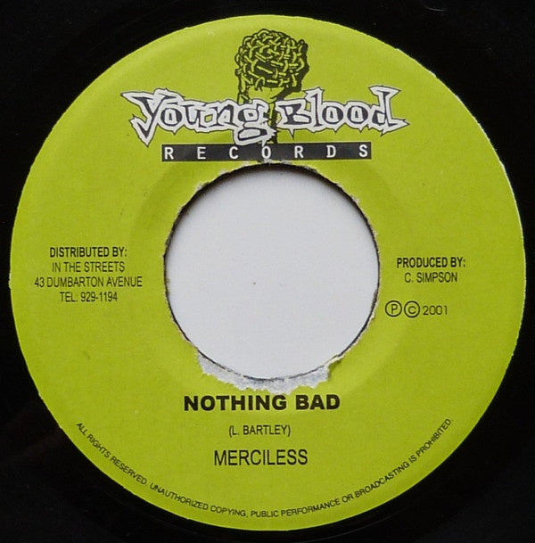 Merciless / Patchy ‎– Nothing Bad / Hot So - VG+ 45rpm 2001 Young Blood Records - Reggae / Dancehall - Shuga Records