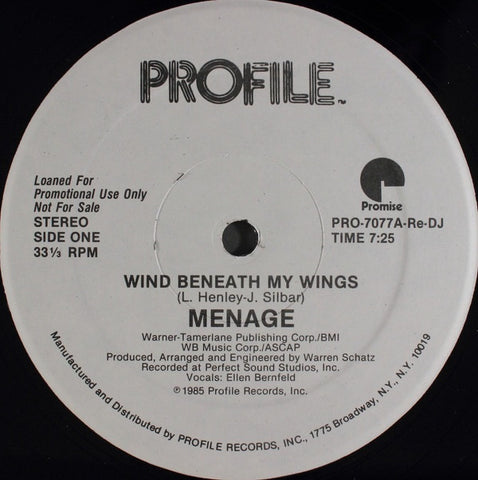 Menage - Wind Beneath My Wings - VG+ 12" Single 1985 Profile White Lbl Promo USA - Hi NRG