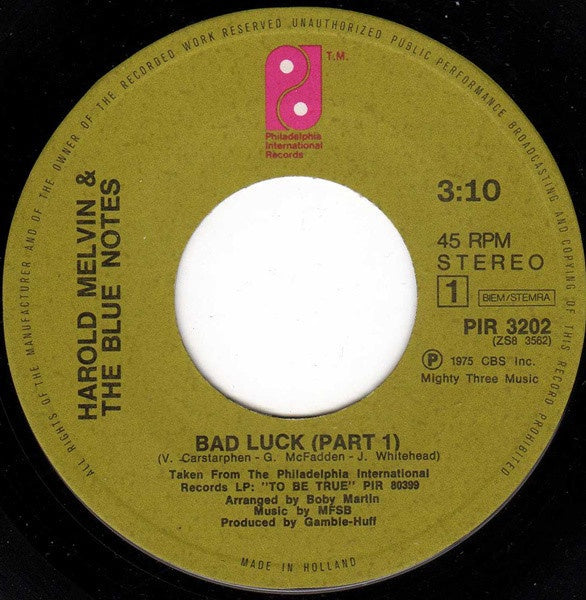 Harold Melvin And The Blue Notes ‎– Bad Luck (Part 1 & 2) VG+ 7" Single 45rpm 1975 - Disco / Funk / Soul - Shuga Records