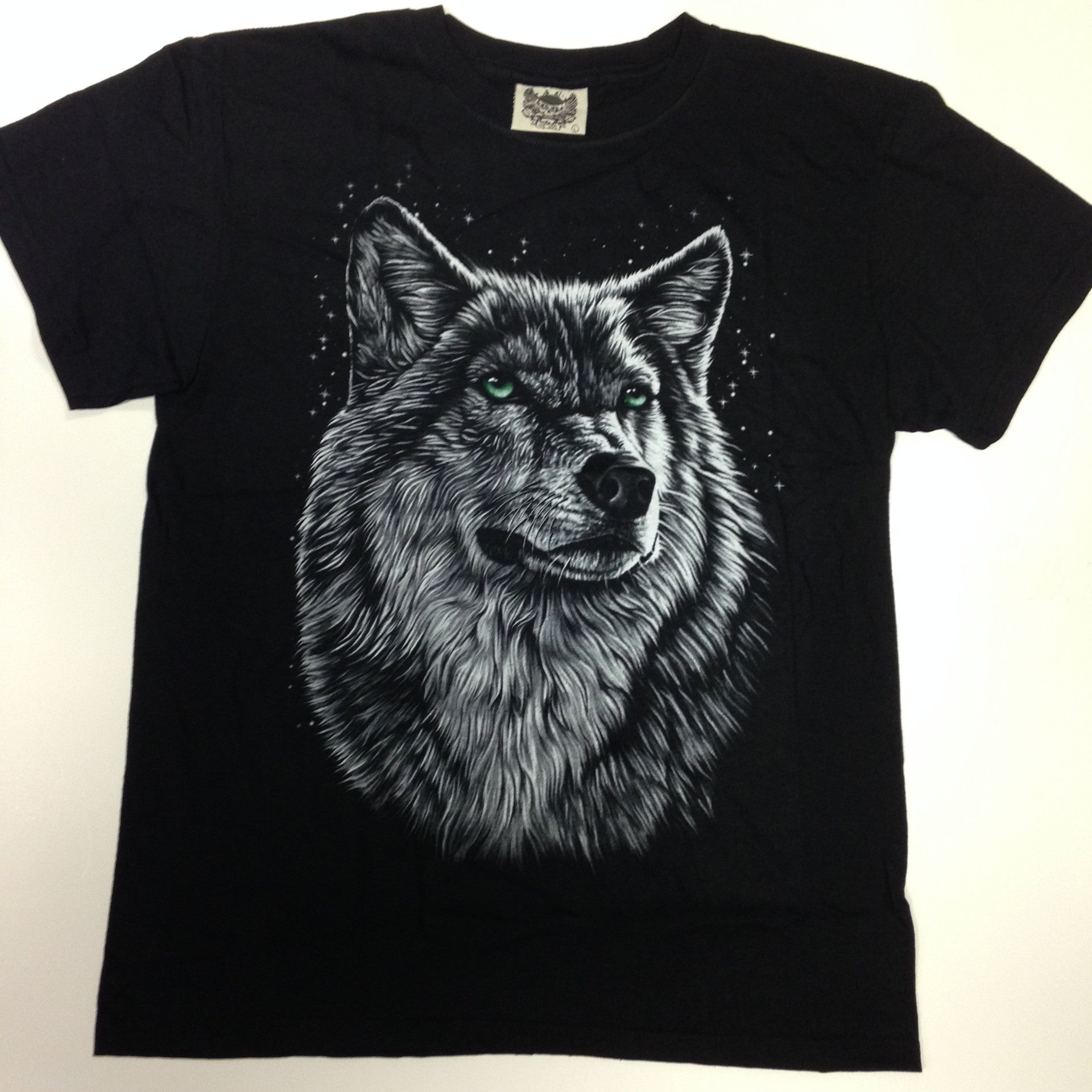 Green-Eyed Wolf Black 100% Cotton T-Shirt
