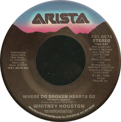 Whitney Houston ‎– Where Do Broken Hearts Go / Where You Are - VG 7" Single 45rpm 1988 Arista USA - Pop / Soul