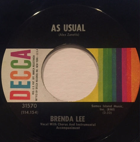 Brenda Lee - As Usual / Lonely Lonely Lonely Me - VG+ 7" Single 45RPM 1963 Decca USA - Pop