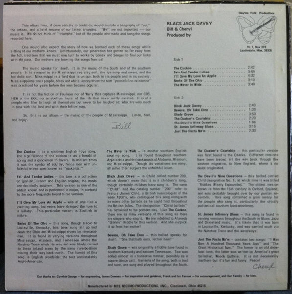 Bill & Cheryl Clayton – Black Jack Davey - Mint- (VG cover) LP Record 1975 Private Press USA Vinyl - Folk Rock / Ethereal / Folk - Shuga Records