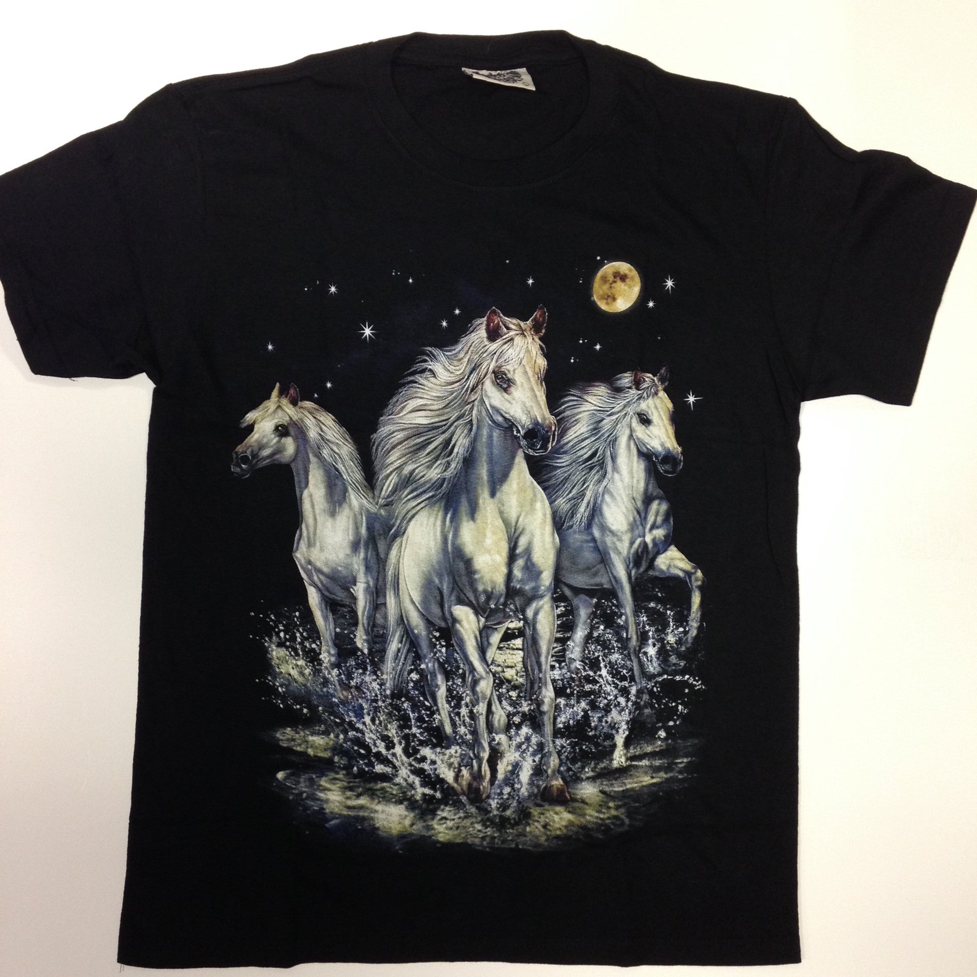 3 White Horses Under Red Moon 100% Cotton Black T-Shirt - Shuga Records Chicago
