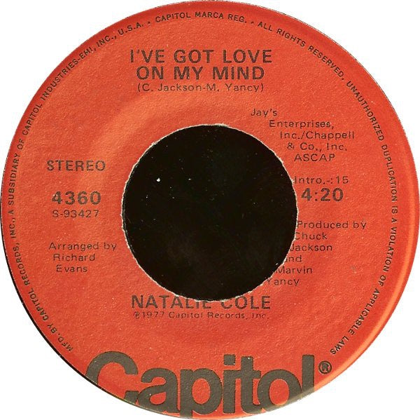 Natalie Cole  ‎–  I've Got Love On My Mind - VG+ 7" Single 45 RPM 1977 USA - Funk / Soul - Shuga Records