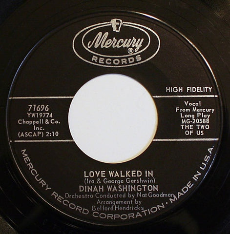 Dinah Washington- Love Walked In / I'm In Heaven Tonight- VG+ 7" Single 45RPM- 1960 Mercury USA- Jazz/Blues/R&B