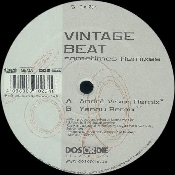 Vintage Beat ‎– Sometimes Remixes - Mint 12" Single Record 2002 German Import - Trance / Acid