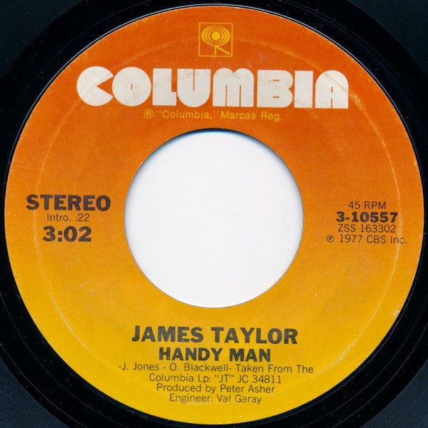 James Taylor ‎– Handy Man / Bartender's Blues - VG+ 45rpm 1977 USA -Rock / Soft Rock - Shuga Records