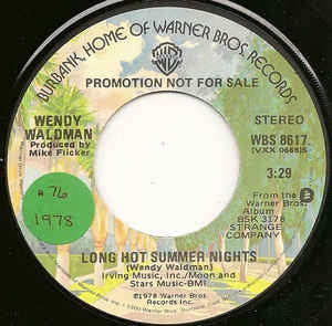Wendy Waldman - Long Hot Summer Nights - VG+ 7" Single 45RPM Promo 1978 Warner Bros. Records USA - Rock / Pop