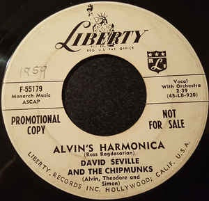 David Seville And The Chipmunks / Daved Seville- Alvin's Harmonica / Mediocre- VG 7" Single 45RPM- 1958 Liberty USA- Pop - Shuga Records