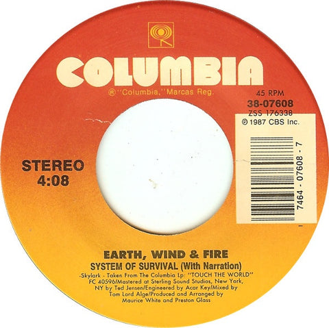 Earth, Wind & Fire ‎– System Of Survival / Writing On The Wall - VG+ 45rpm 1987 Columbia Records USA - Funk / Soul