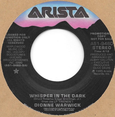 Dionne Warwick - Whisper In The Dark - Mint- 7" Single 45RPM 1985 Arista USA - Funk / Soul