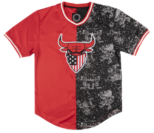 Maximilian - Men's Baseball Style Chicago Bulls Embroidered Pull Over Black & Red 'Constellation' Jersey