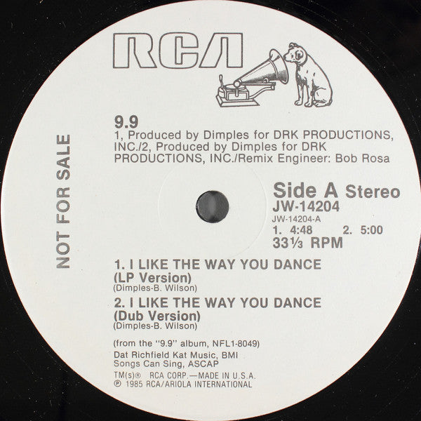 9.9 - I Like The Way You Dance VG+ - 12" Single 1985 RCA Promo USA - Disco