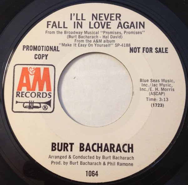 Burt Bacharach ‎– I'll Never Fall In Love Again / Pacific Coast Highway VG+ 1969 A&M Promo USA - Jazz / Easy Listening