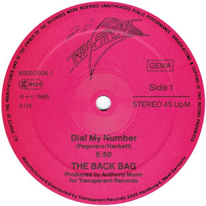 The Back Bag - Dial My Number - VG 12" Single 1985 Transparent Germany - Electronic / Hi NRG / Italo-Disco