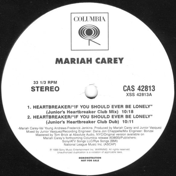 Mariah Carey ‎– Heartbreaker - VG+ 12" Single Record 1999 USA Promo Vinyl - RnB / Hip Hop - Shuga Records