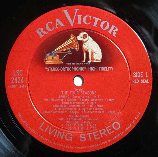 Societa Corelli - Vivaldi ‎– The Four Seasons - VG- Lp Record 1960 RCA Living Stereo USA Vinyl LSC-2424 - Classical - Shuga Records