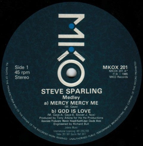 Steve Sparling ‎- Medley (Mercy Mercy Me/God Is Love) - VG+ 12" Single 45 RPM 1985 UK - Synth Pop - Shuga Records