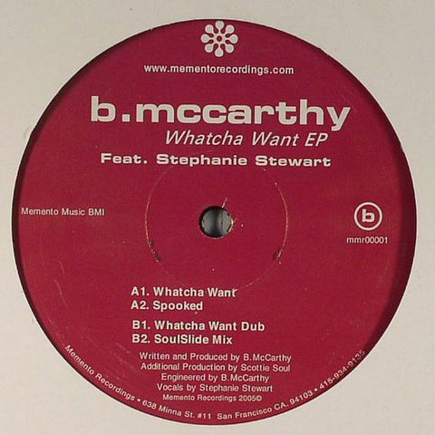 B. McCarthy - Watcha Want EP VG+ - 12" Single 2005 Memento USA - House