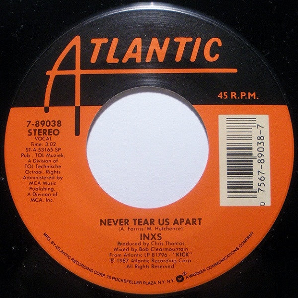 INXS ‎- Never Tear Us Apart - VG+ 7" Single 45 RPM 1988 USA - Rock / Pop - Shuga Records