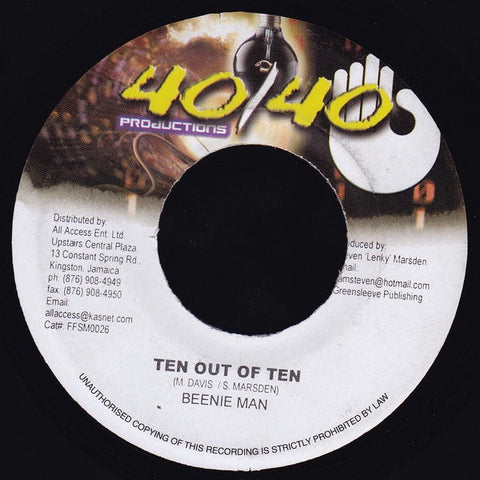 Beenie Man - Ten Out Of Ten (Raw) / Version (Clean) - VG 7" Single 45rpm 2002 40/40 Jamaica - Reggae