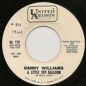Danny Williams - A Little Toy Balloon / The Truth Hurts - VG+ 7" Single 45RPM 1964 United Artists Records USA - Pop