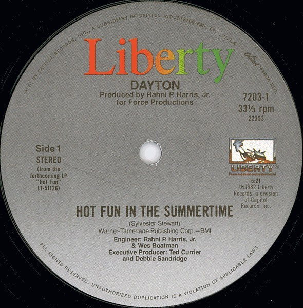 Dayton ‎- Hot Fun In The Summertime - Mint- 12" Single 1982 USA - Funk / Soul / Disco - Shuga Records