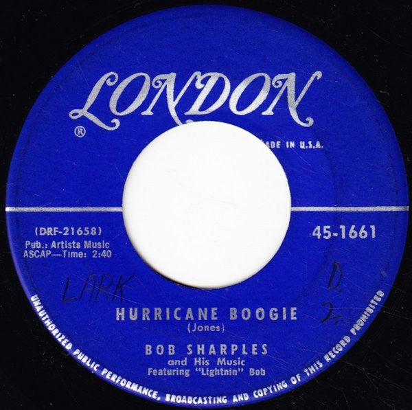 Bob Sharples And His Music ‎– Hurricane Boogie / Sadie's Shawl - VG+ 7" Single Used 45rpm 1956 London USA - Jazz / Big Band