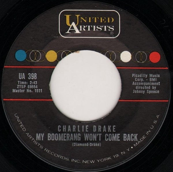 Charlie Drake ‎– My Boomerang Won't Come Back / She's My Girl - VG+ 45rpm 1961 USA - Novelty / Pop - Shuga Records