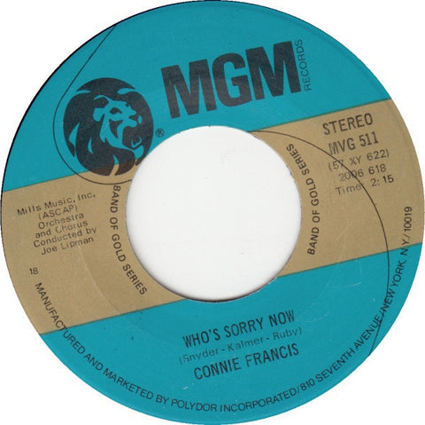 Connie Francis ‎- Who's Sorry Now - VG+ 7" Single 45 RPM USA - Rock / Pop