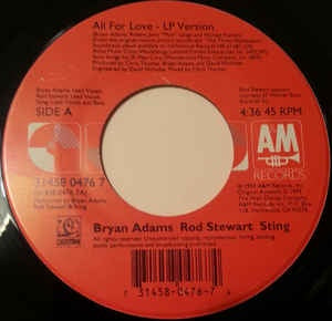 Bryan Adams, Rod Stewart, Sting ‎– All For Love - M- 7" Single 45rpm 1993 A&M US - Rock / Soundtrack