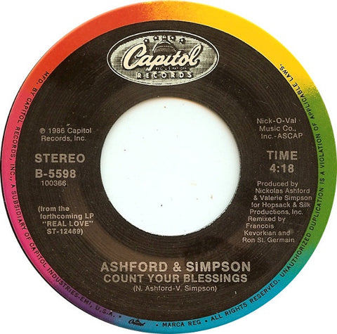 Ashford & Simpson ‎– Count Your Blessings - VG+ 7" Single 45RM 1986 Capitol Records USA - Funk/Soul