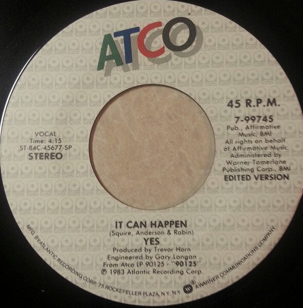 Yes- It Can Happen- VG+ 7" Single 45RPM- 1983 ATCO Records USA- Pop