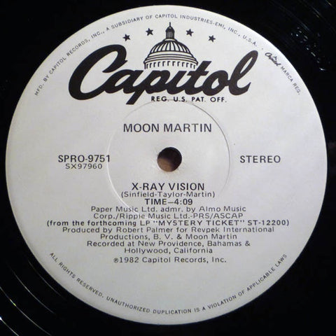 Moon Martin ‎– X-Ray Vision - VG+ 12" Promo Single Vinyl Record 1982 Capitol USA - Synth-pop