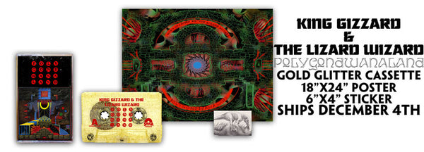 King Gizzard & The Lizard Wizard - Polygondwanaland - New Cassette 2017 Shuga Records 1st Edition Clear With Gold Glitter Double sided four panel J card, Poster & Sticker - Psychedelic - Shuga Records