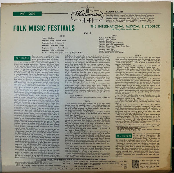 Various – Folk Music Festivals International Musical Eisteddfod, Vol. I - VG+ LP Record 1950s Westminster USA Mono Vinyl - World / Folk - Shuga Records