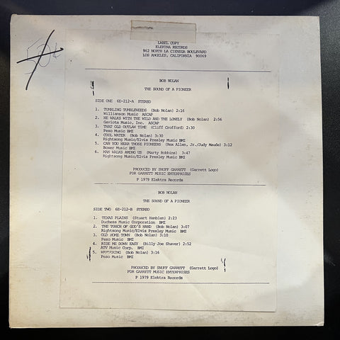 Bob Nolan – The Sound Of A Pioneer - Mint- LP Record 1979 Elektra USA Test Pressing Vinyl - Country