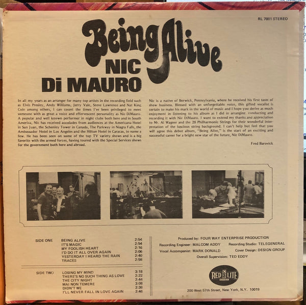 Nic Di Mauro – Being Alive - VG+ LP Record 1970s Red Lite USA Private Press Vinyl - Pop / Lounge - Shuga Records