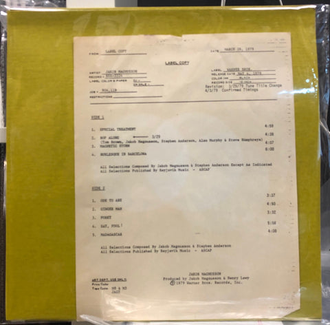 Jakob Magnusson – Special Treatment - VG+ LP Record 1979 Warner USA Test Pressing Promo Vinyl & Sheet - Iceland Jazz / Fusion