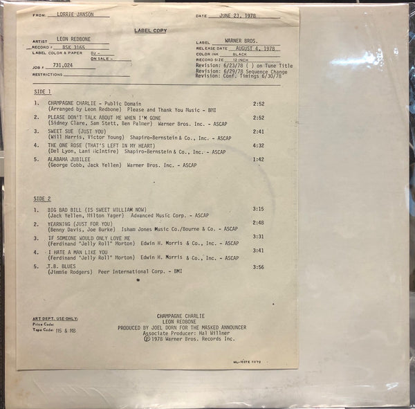 Leon Redbone – Champagne Charlie - VG+ LP Record 1978 Warner USA Test Pressing Promo Vinyl & Insert Sheet - Jazz / Blues - Shuga Records