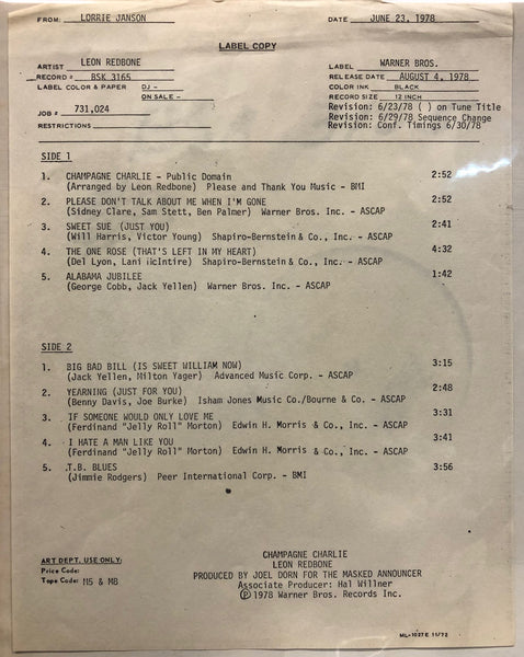 Leon Redbone – Champagne Charlie - VG+ LP Record 1978 Warner USA Test Pressing Promo Vinyl & Insert Sheet - Jazz / Blues