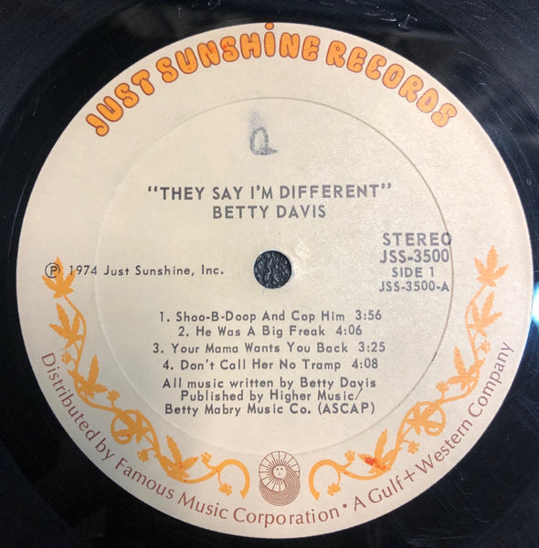 Betty Davis – They Say I'm Different - VG- (lower grade Plays VG) LP Record 1974 Just Sunshine Original Vinyl - Soul / Funk / Blues Rock - Shuga Records