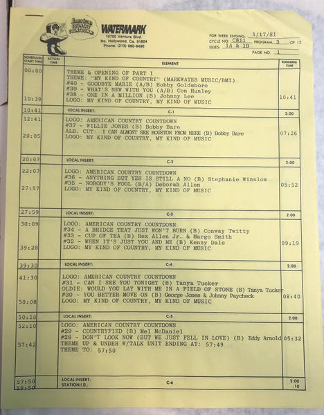 Various – American Country Countdown 01/17/81 - VG+ 3 LP Record Box Set 1981 Watermark USA Transcription Vinyl & Cue Sheets - Country / Radioplay - Shuga Records